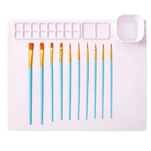 Kid's Washable Silicone Painting Mat with Paint Brushes - Pink