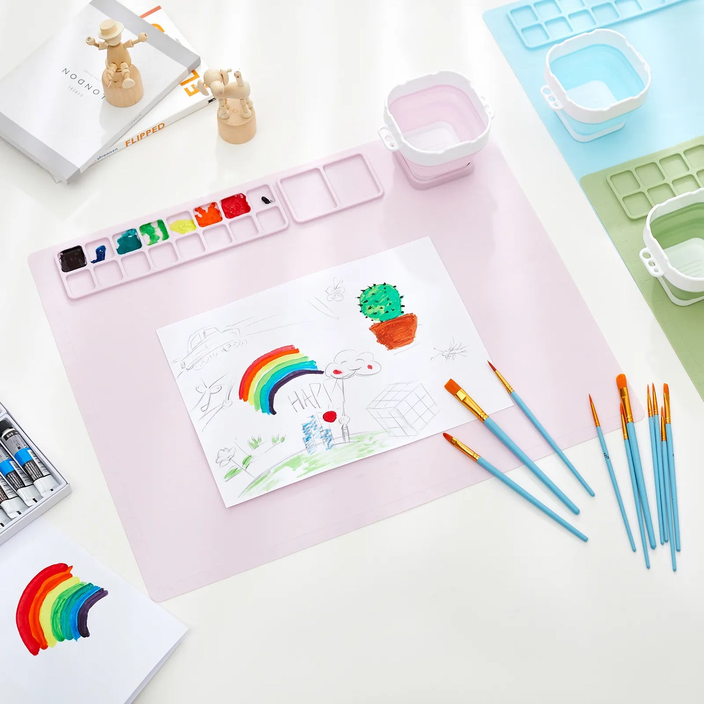 Kid's Washable Silicone Painting Mat with Paint Brushes